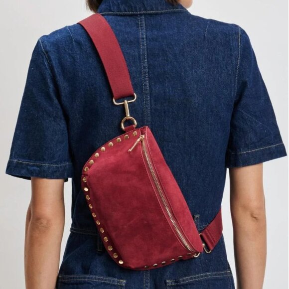 NWT Wine Burgundy Suede Studded Crossbody Sling Bag Genuine Leather Belt Bag - Picture 2 of 5
